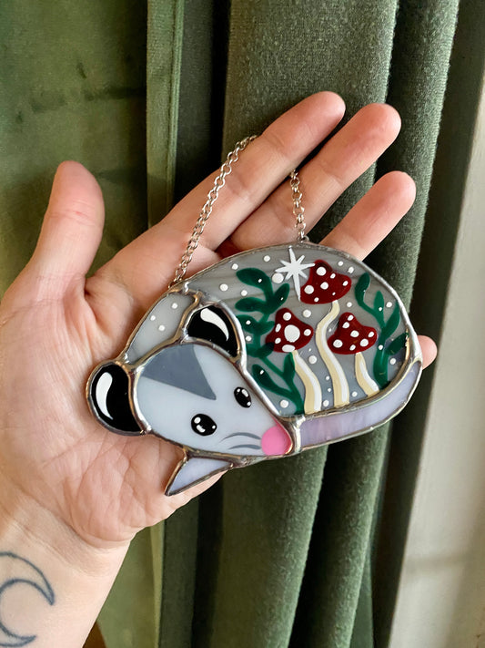 Winter Mushroom Opossum Stained Glass Ornament