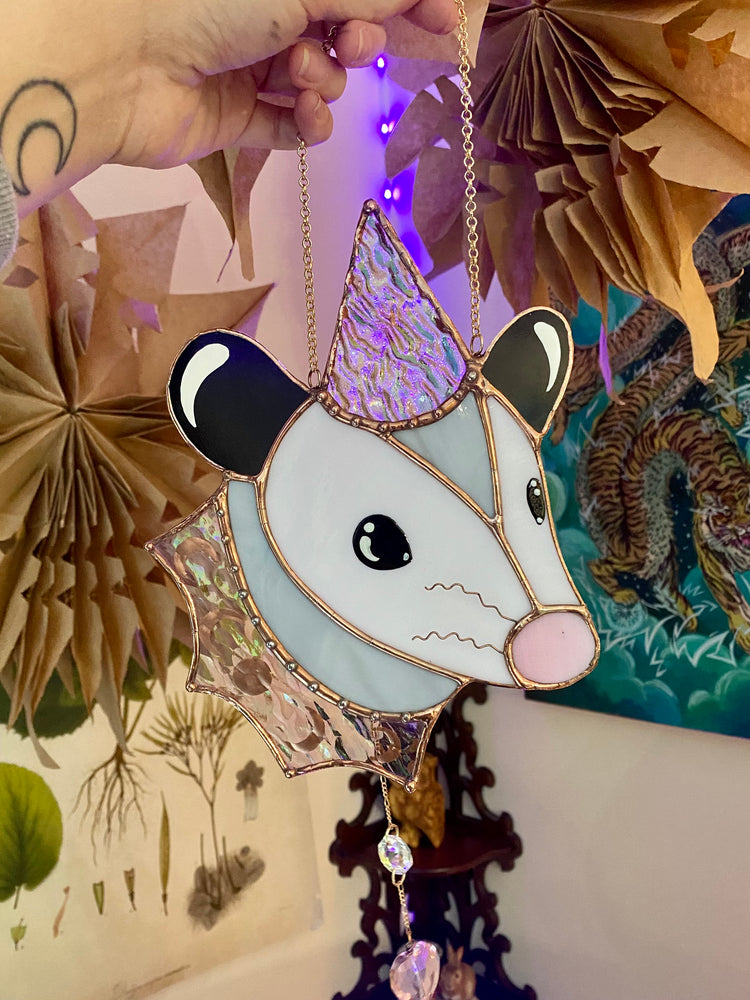 Iridescent Wizard Opossum Stained Glass Suncatcher