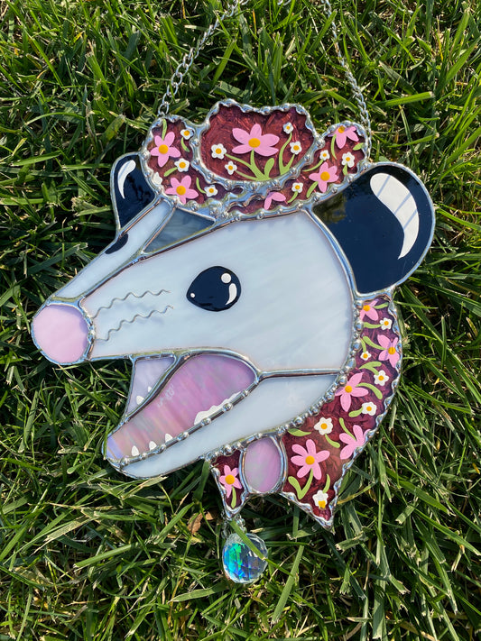 Screamy Flower Opossum Stained Glass Suncatcher