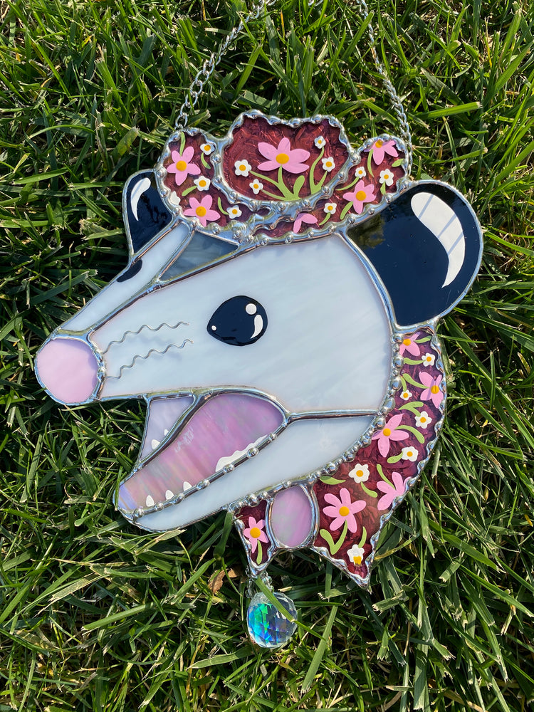 Screamy Flower Opossum Stained Glass Suncatcher