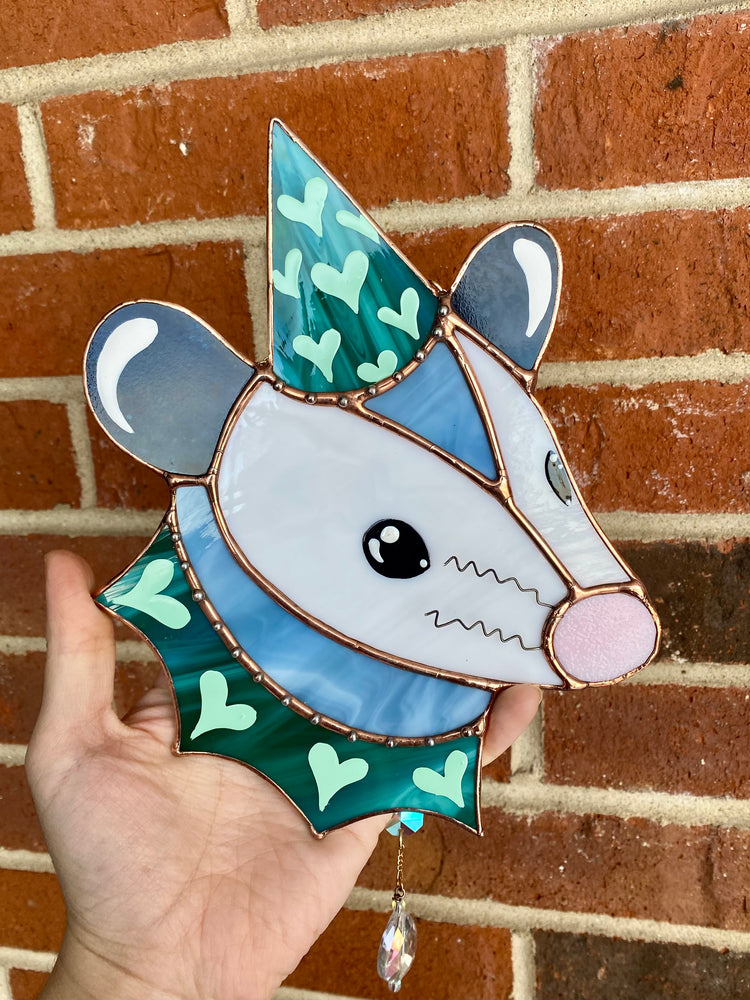 Teal Lovely Opossum Stained Glass Suncatcher