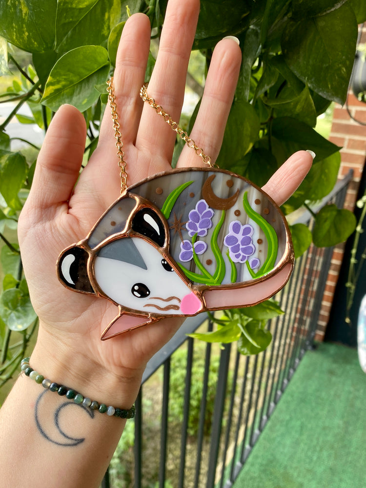 Sleepy Lavender Opossum Stained Glass Ornament