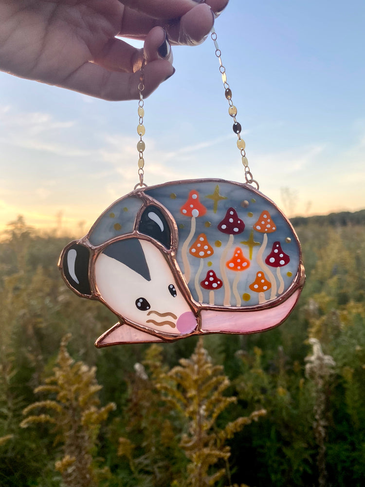 Sleepy Fall Mushroom Opossum Mini Stained Glass Suncatcher