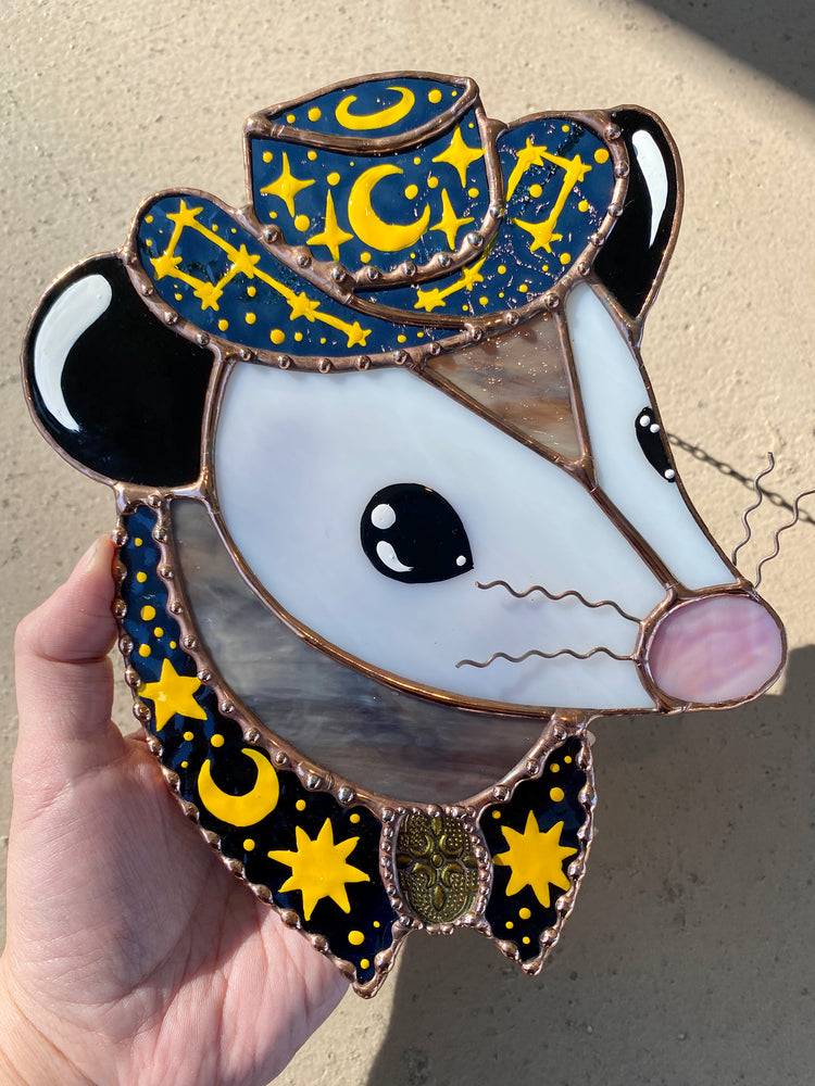 Celestial Cowboy Opossum Stained Glass Suncatcher