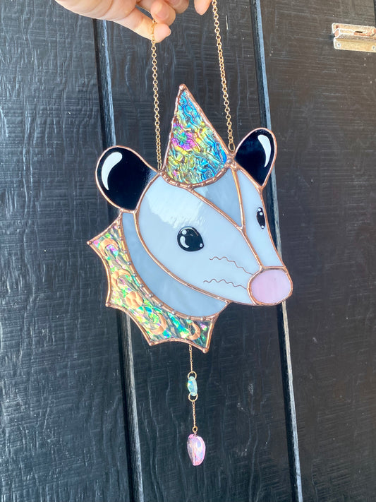 Iridescent Wizard Opossum Stained Glass Suncatcher