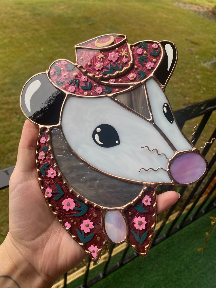 Pink Flower Cowboy Opossum Stained Glass Suncatcher