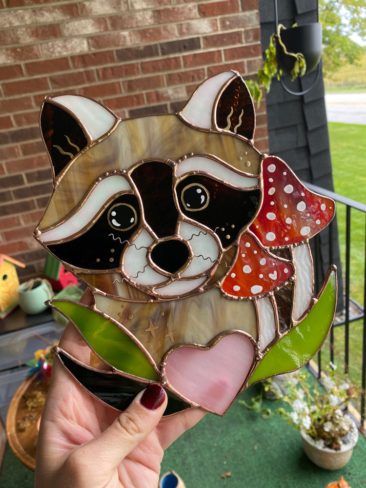 Mushroom Raccoon Stained Glass Suncatcher