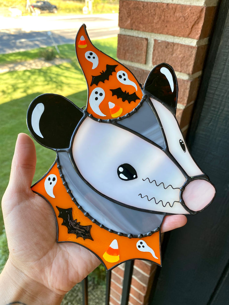 (cracked!) Halloween Opossum Stained Glass Suncatcher