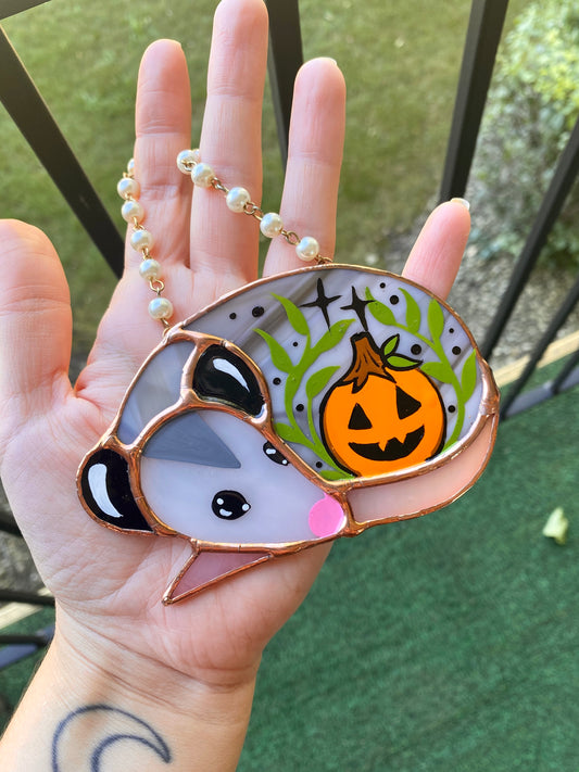 Jack-o-lantern Mini Sleepy Opossum Stained Glass Ornament