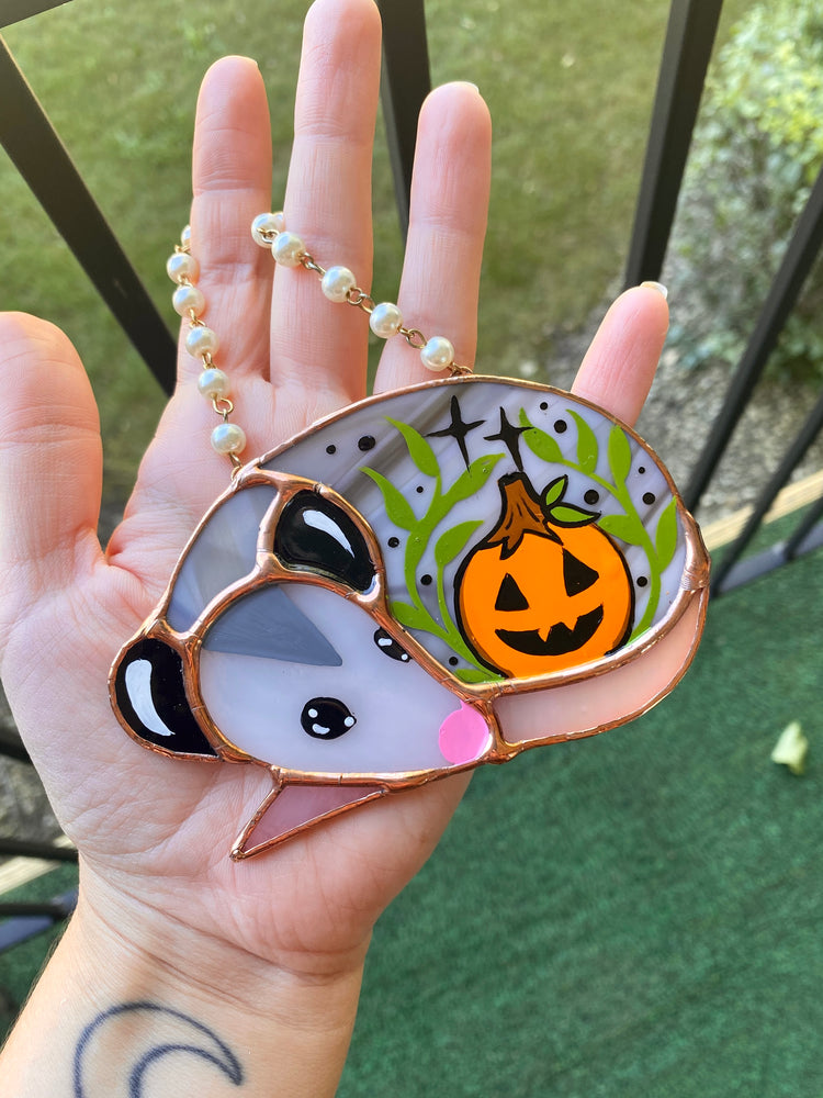 Jack-o-lantern Mini Sleepy Opossum Stained Glass Ornament