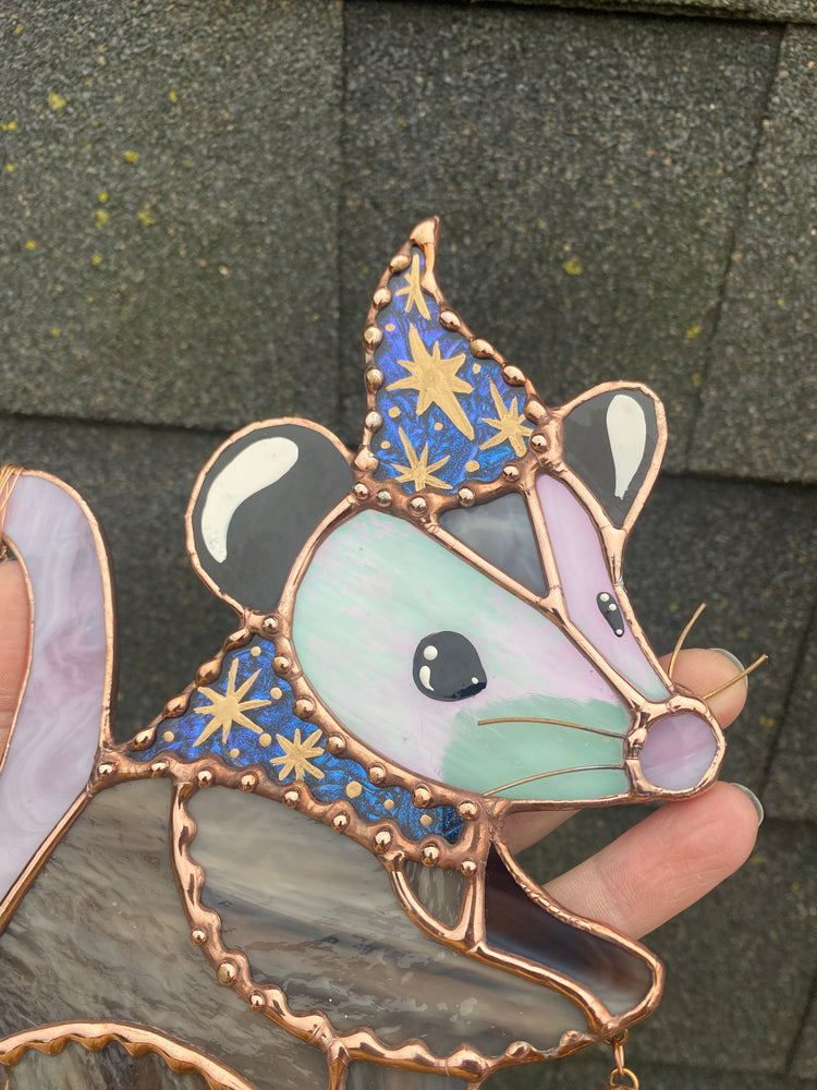 Winter Wizard Opossum Stained Glass Suncatcher