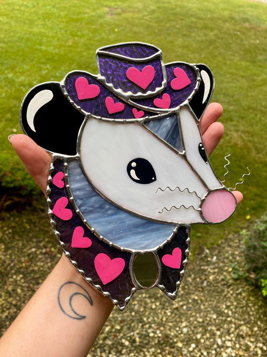 Pink and Purple Cowboy Opossum Stained Glass Suncatcher