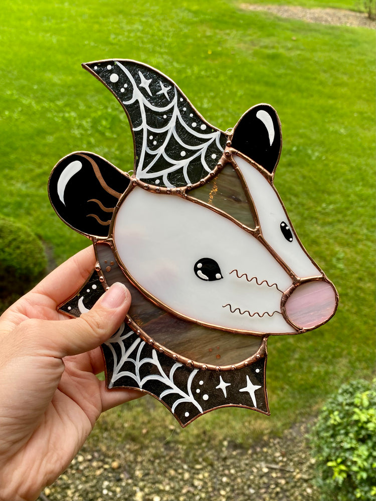 Spiderweb Wizard Opossum Stained Glass Suncatcher