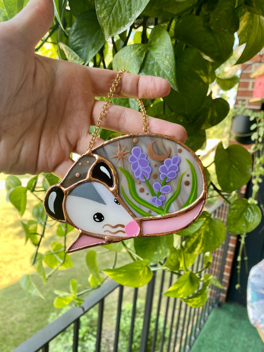 Sleepy Lavender Opossum Stained Glass Ornament