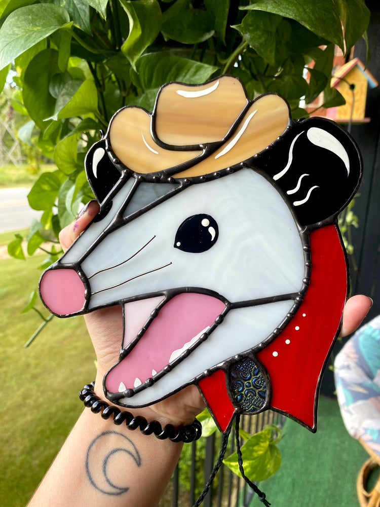 Made to Order: Screamy Cowboy Opossum Stained Glass Suncatcher