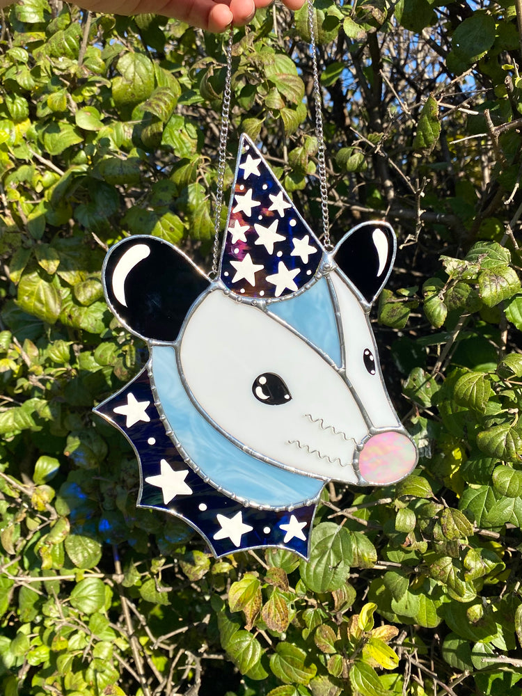 Blue Iridescent Wizard Opossum Stained Glass Suncatcher