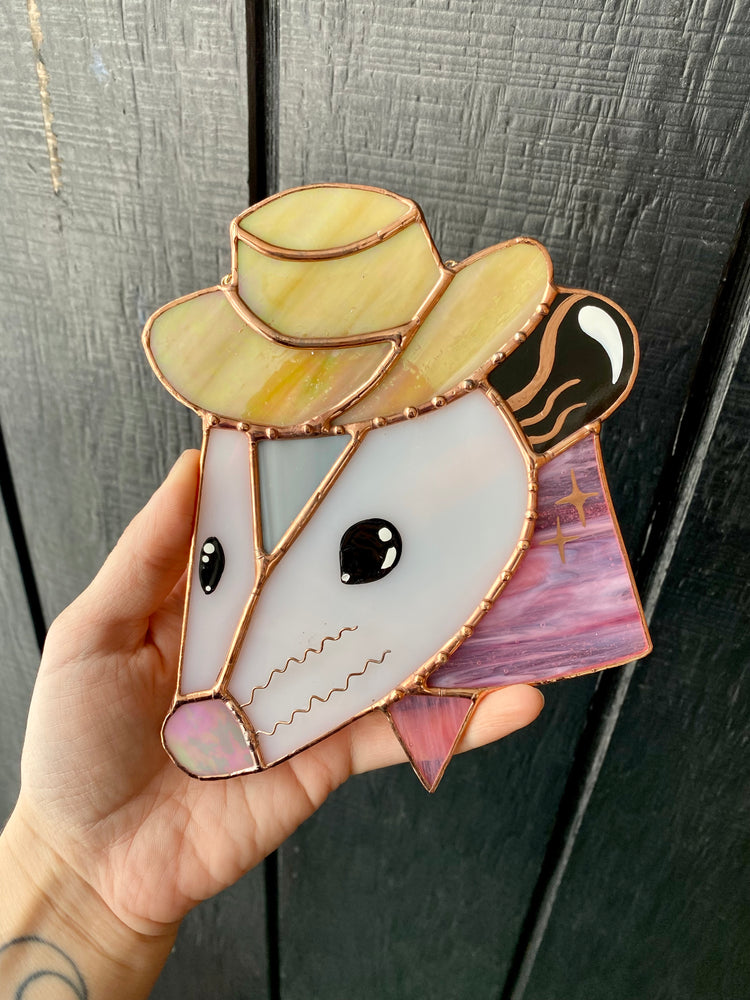 Pink Cowboy Opossum Stained Glass Suncatcher