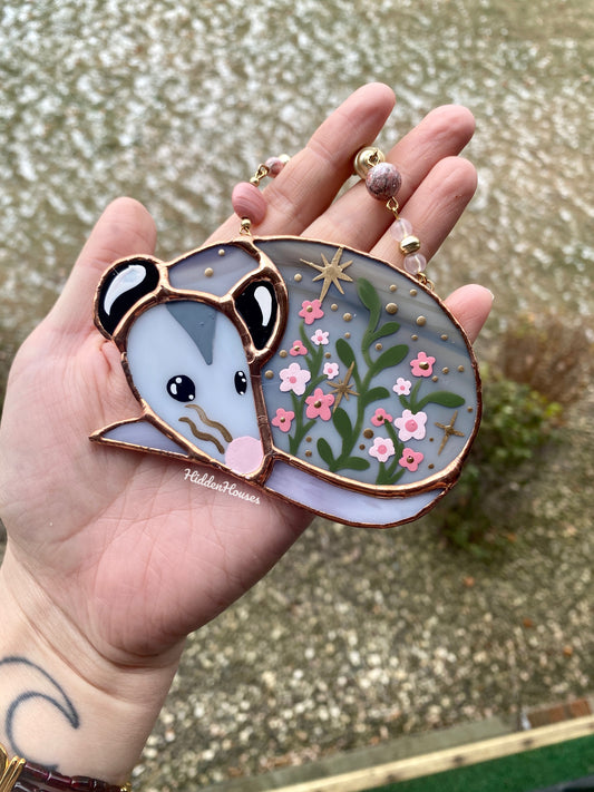 Pink Floral Opossum Stained Glass Ornament #2