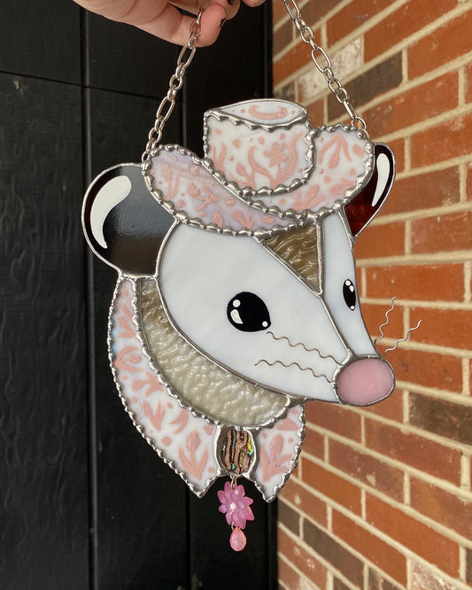 Baby Pink Cowgirl Opossum Stained Glass Suncatcher