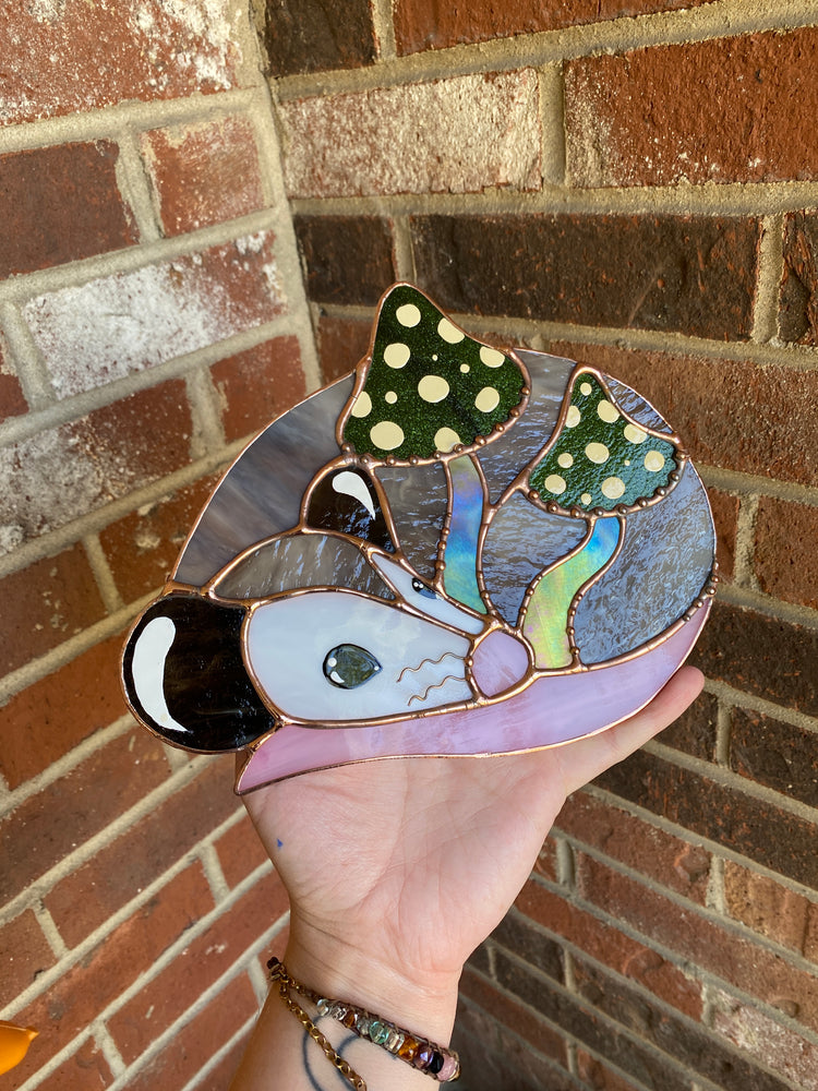 Enchanted Green Mushroom Opossum Stained Glass Suncatcher