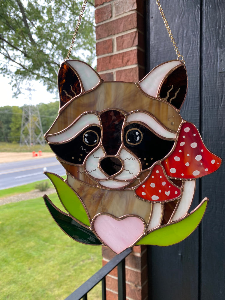 Mushroom Raccoon Stained Glass Suncatcher