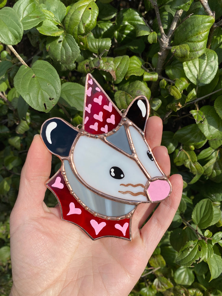 Red and Pink Heart Opossum Stained Glass Ornament