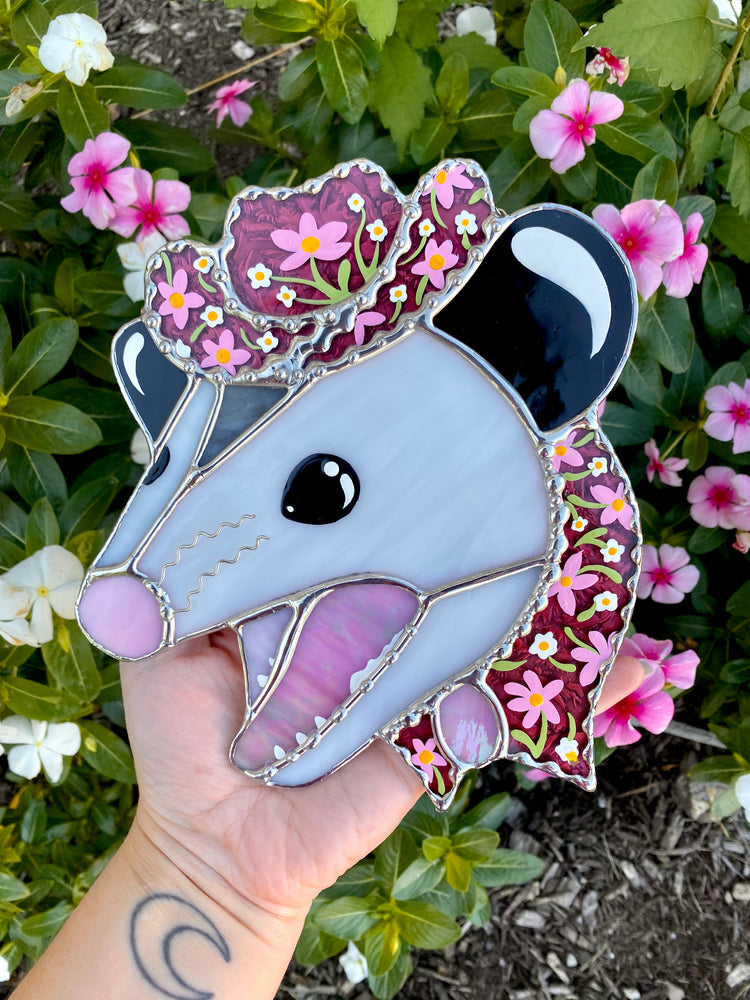 Screamy Flower Opossum Stained Glass Suncatcher