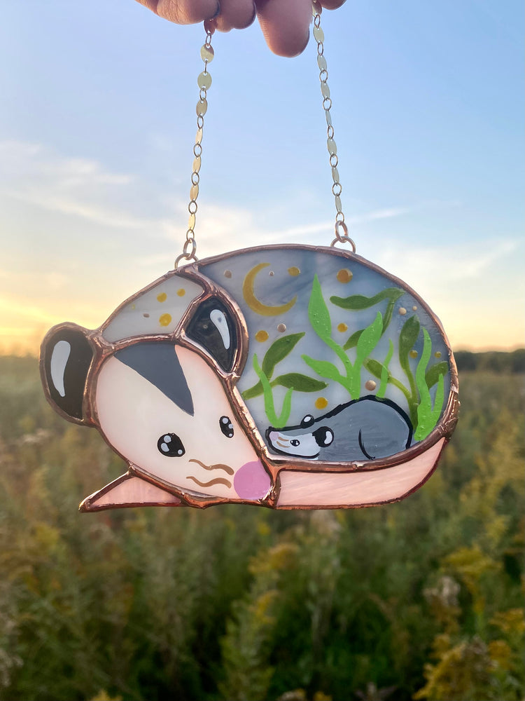 Sleepy Opossum with Baby. Mini Suncatcher Ornament