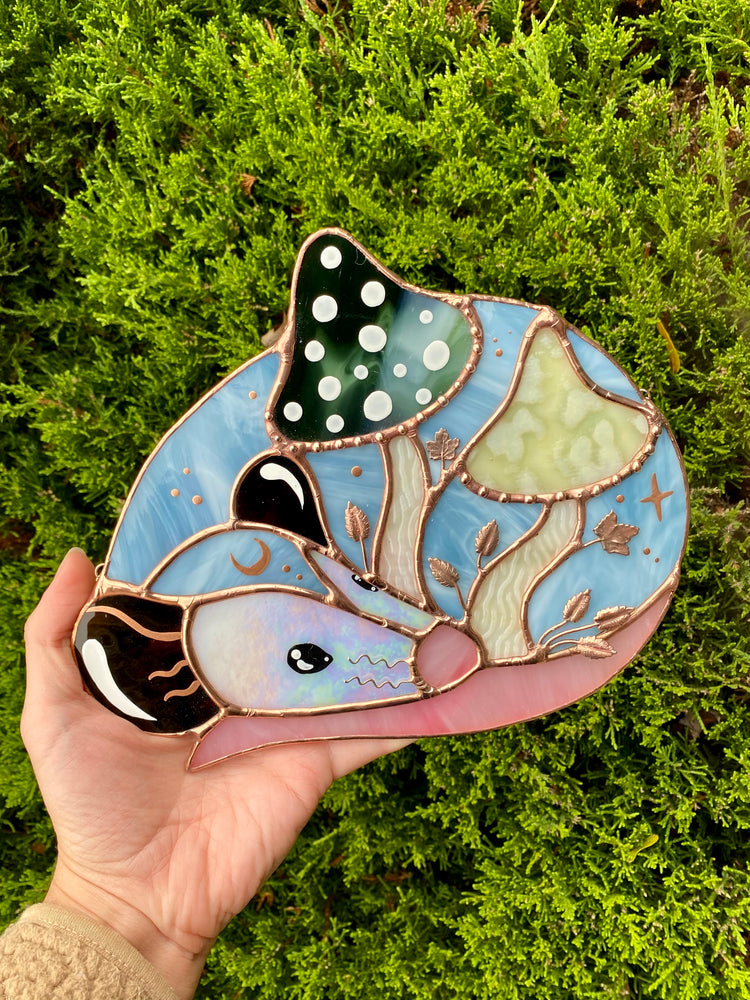 Enchanted Copper Mushroom Opossum Stained Glass Suncatcher