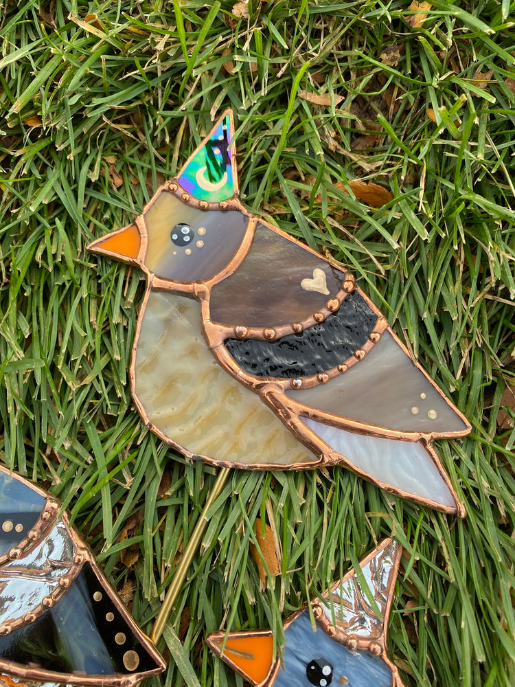 Wizard Sparrow Stained Glass Planter Stake