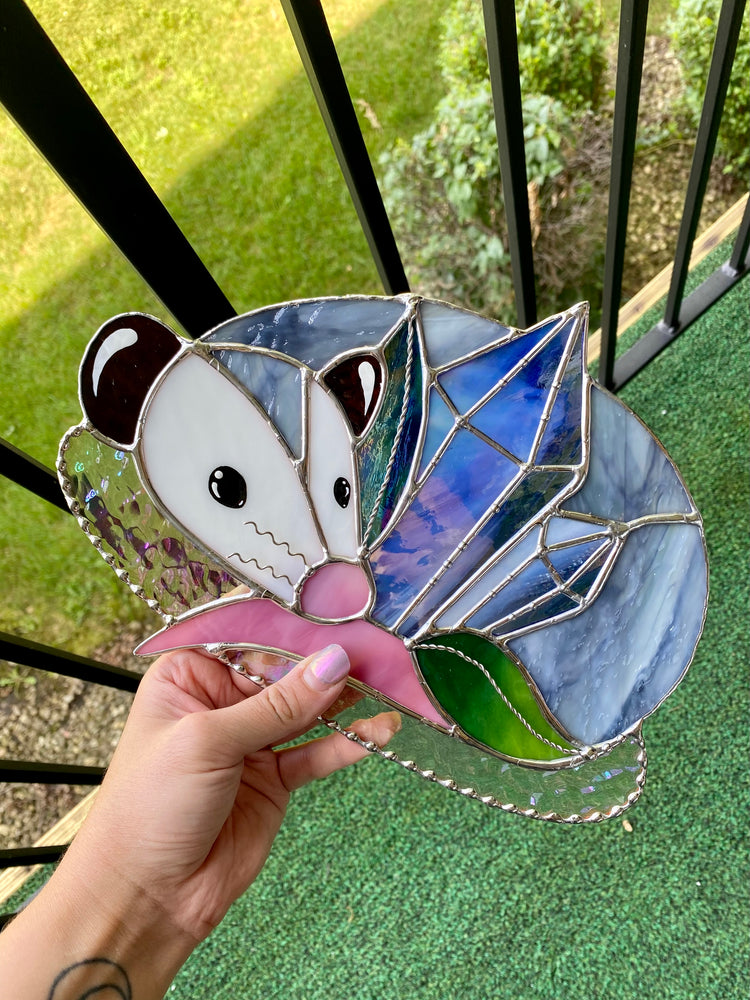 Blue Crystal Guardian Opossum Stained Glass Suncatcher