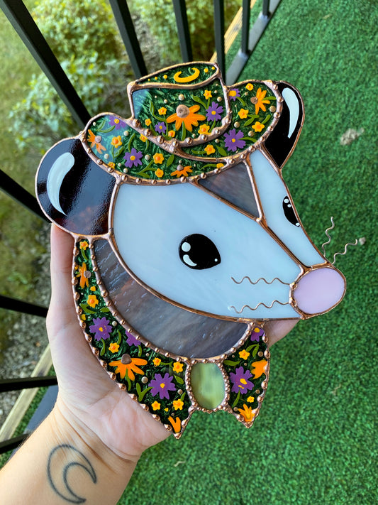 Garden Cowboy Opossum Stained Glass Suncatcher