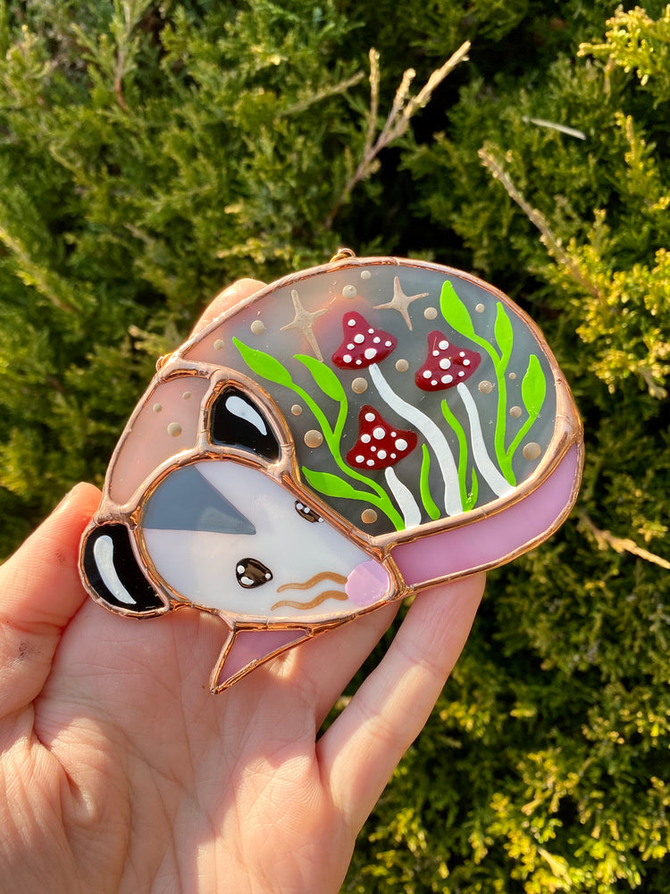 Mini Red Mushroom Sleepy Opossum Stained Glass Suncatcher