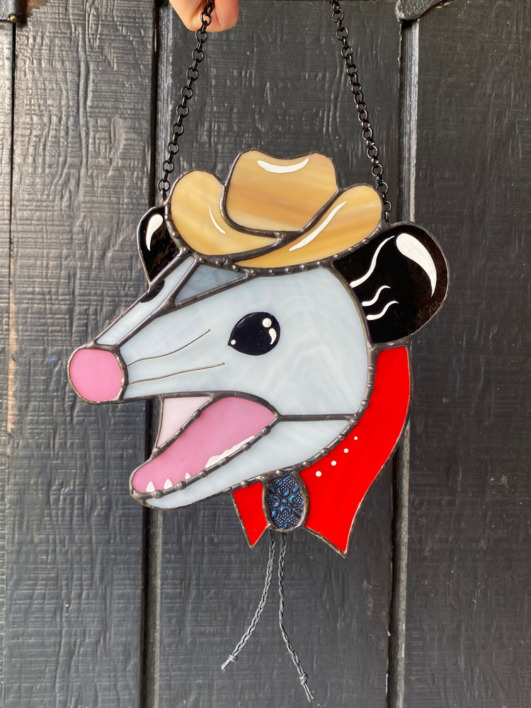 Made to Order: Screamy Cowboy Opossum Stained Glass Suncatcher