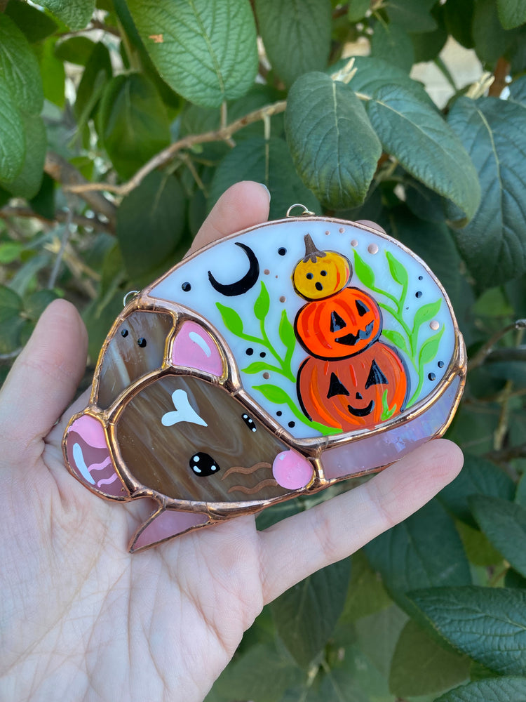 Mini Brown Hooded Rat with Stacked Pumpkins Stained Glass Suncatcher