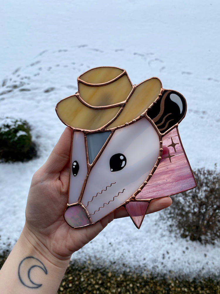 Pink Cowboy Opossum Stained Glass Suncatcher