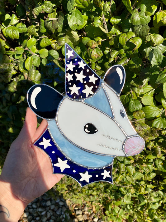 Blue Iridescent Wizard Opossum Stained Glass Suncatcher