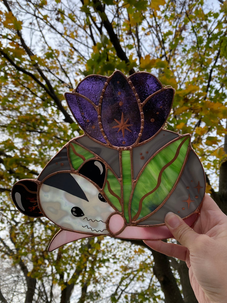 Purple Flower Opossum Stained Glass Suncatcher