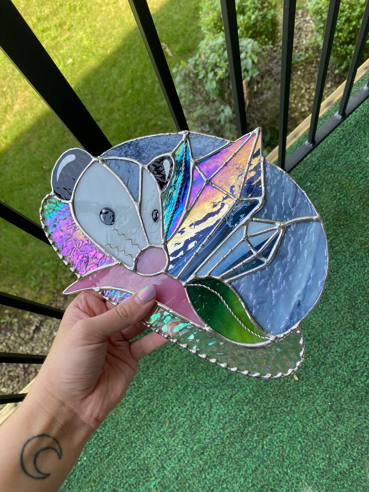 Blue Crystal Guardian Opossum Stained Glass Suncatcher