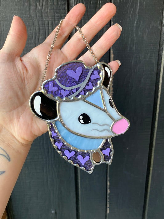 Mini Purple Cowboy Opossum Stained Glass Ornament