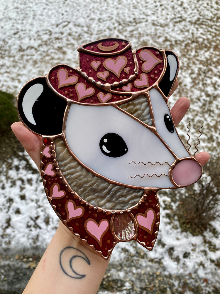 Pink Heart Cowgirl Opossum Stained Glass Suncatcher