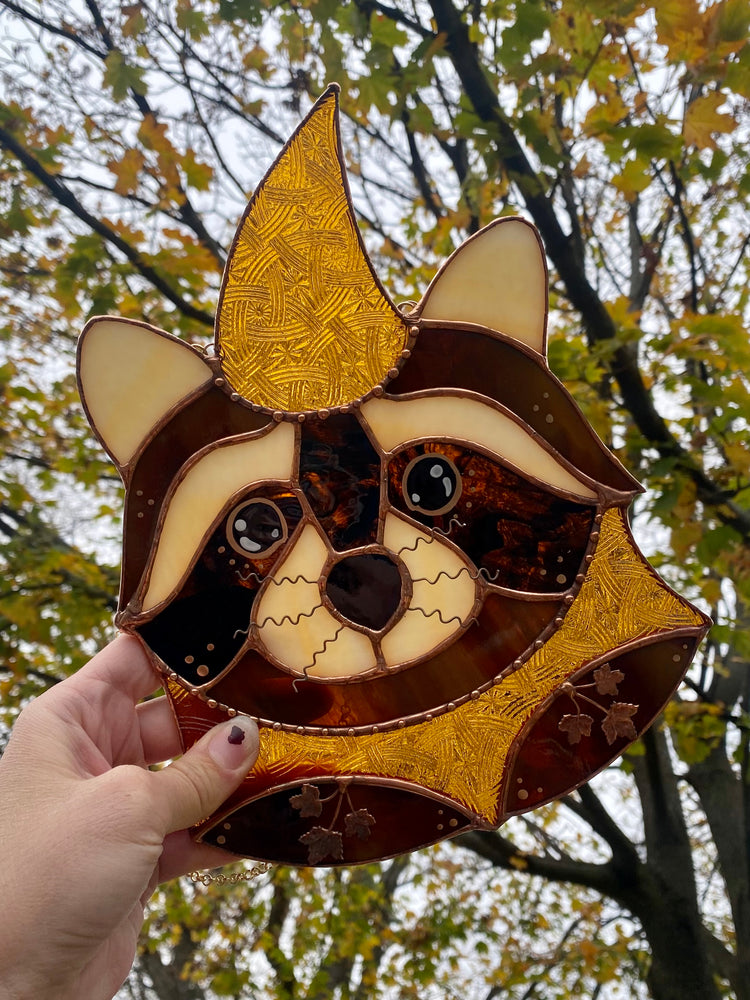 Golden Wizard Raccoon Stained Glass Suncatcher