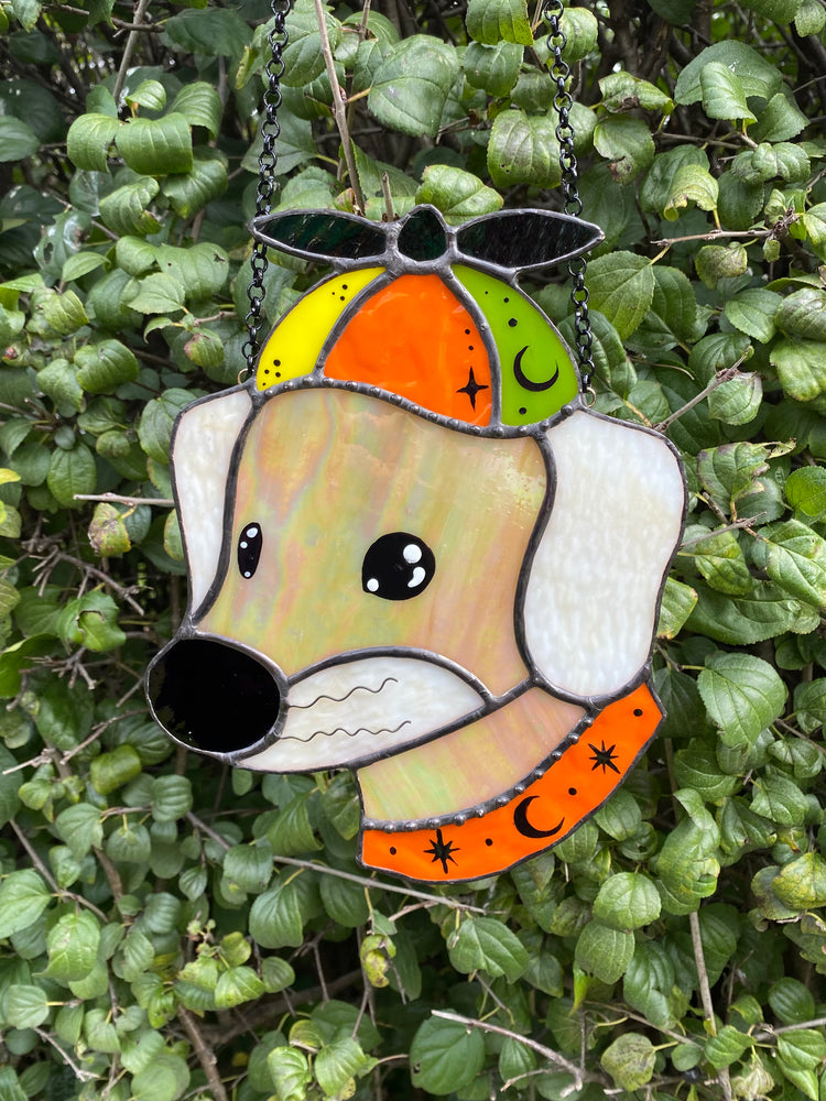 Helicopter Hat Dog Stained Glass Suncatcher