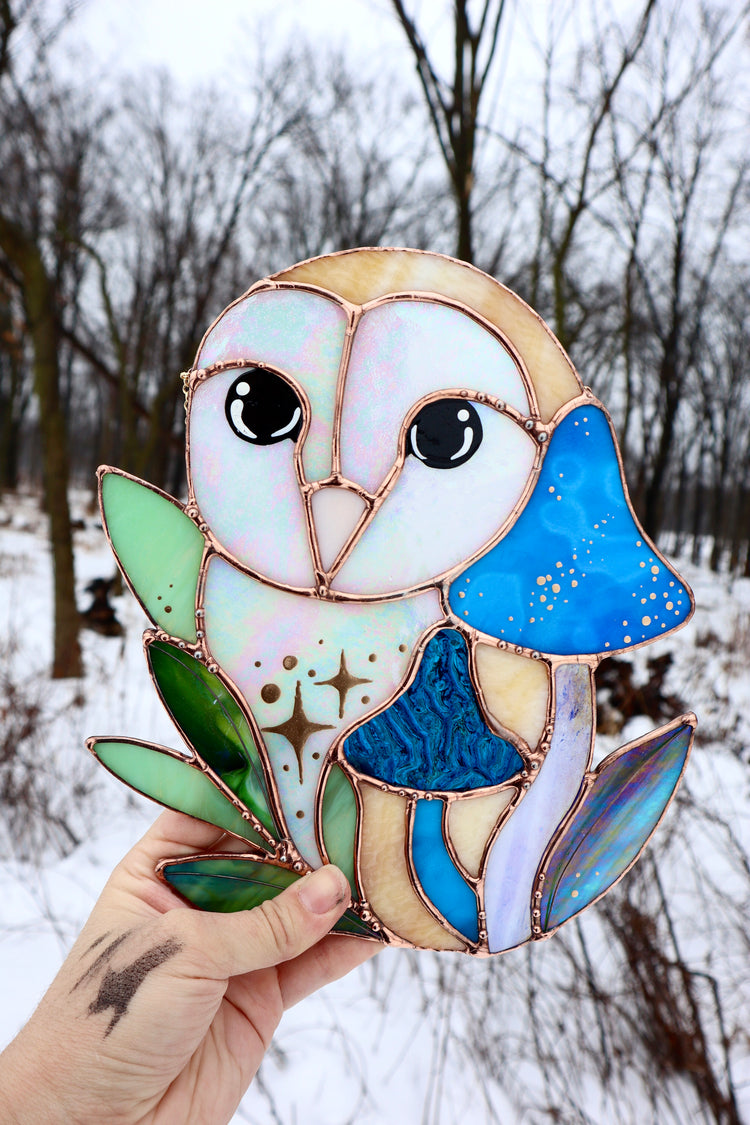 Blue Barn Owl Large Stained Glass Suncatcher