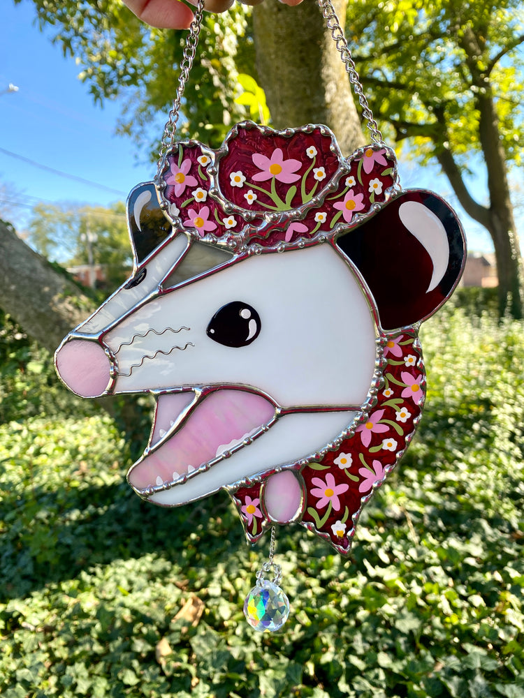 Screamy Flower Opossum Stained Glass Suncatcher