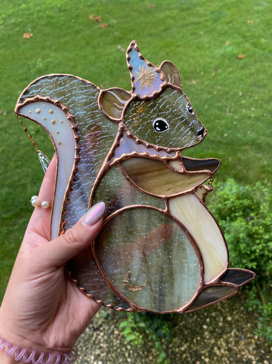 Moon Squirrel Wizard Stained Glass Suncatcher