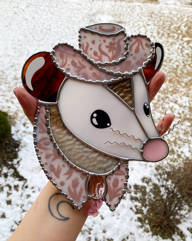 Baby Pink Cowgirl Opossum Stained Glass Suncatcher