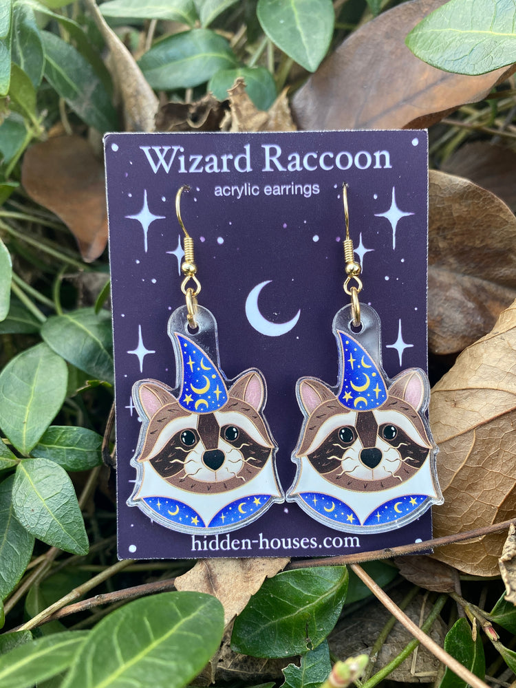 Blue and Gold Wizard Raccoon Acrylic Earrings