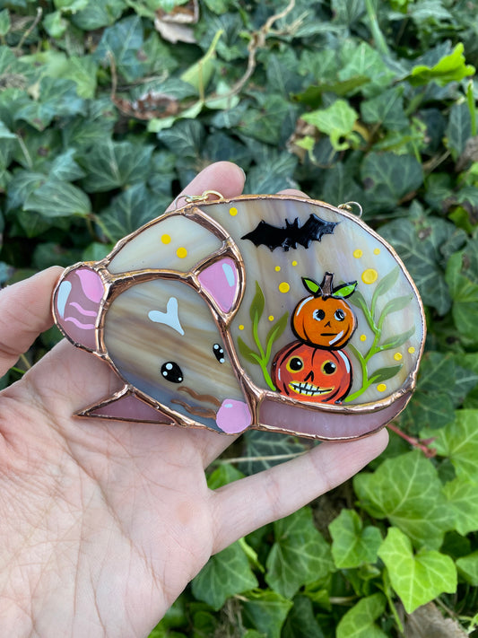 Mini Tan Rat with Stacked Pumpkins Stained Glass Suncatcher