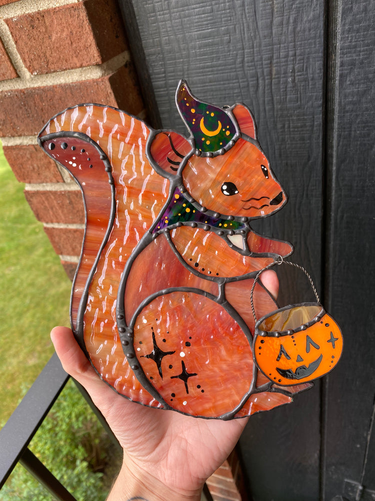 Trick-or-Treat Squirrel Stained Glass Suncatcher